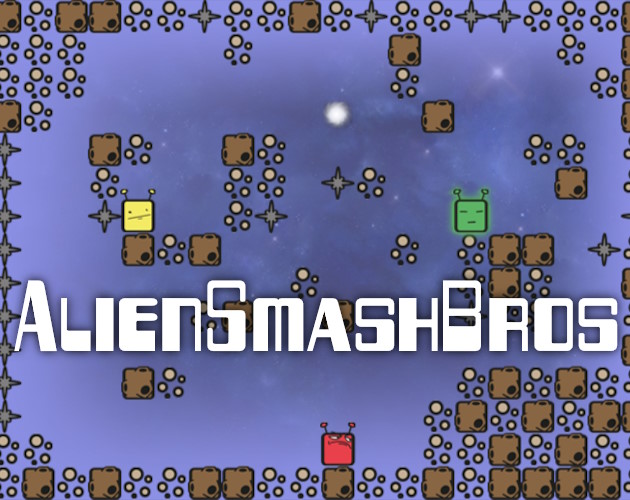 Three colorful square aliens in a space maze under the title Alien Smash Bros