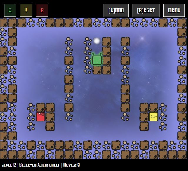 Three colorful aliens in a space maze